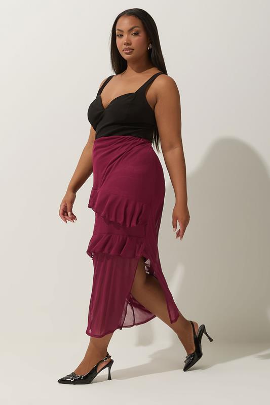 LIMITED COLLECTION Plus Size Burgundy Red Frill Mesh Skirt | Yours Clothing 2