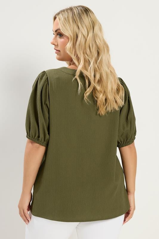 YOURS Plus Size Khaki Green Button Textured Blouse | Yours Clothing 2