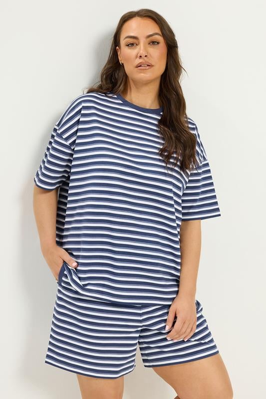 YOURS Plus Size Blue Stripe T-Shirt & Shorts Co-ord | Yours Clothing 1