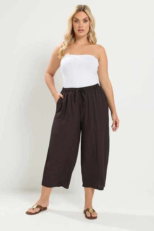  YOURS Curve Chocolate Brown Crinkle Barrel Trousers