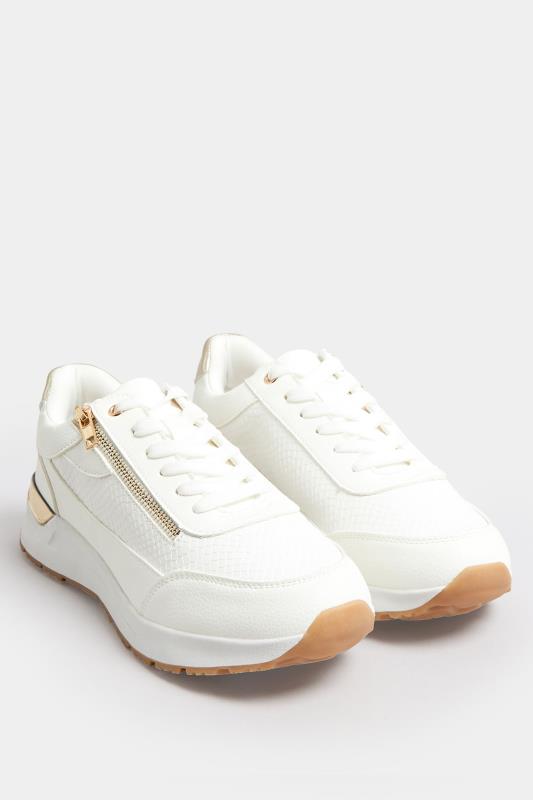 White & Gold Zip Detail Trainers In Wide E Fit | Yours Clothing  2