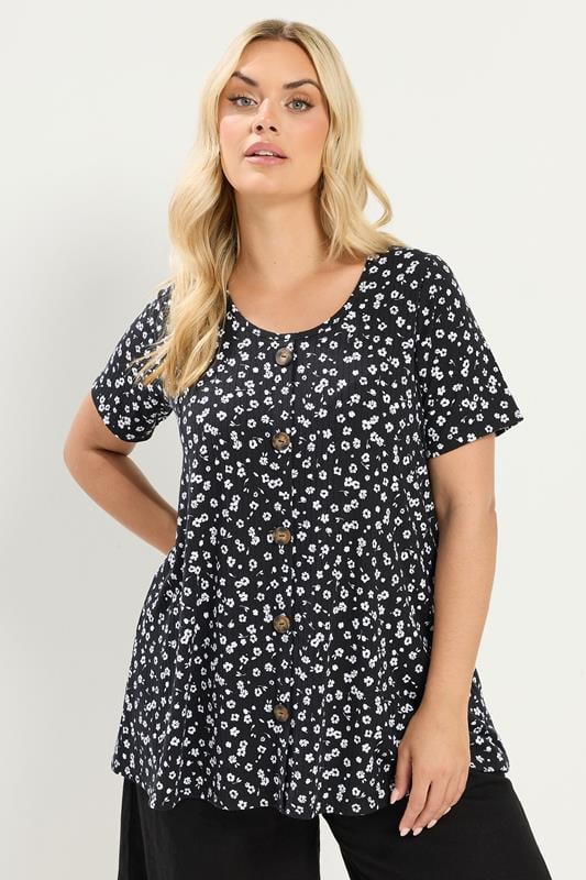 YOURS Plus Size Black & White Ditsy Floral Ribbed T-Shirt | Yours Clothing 1