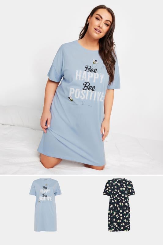 Plus Size  YOURS Curve 2 PACK Blue Bee Print Nightdresses