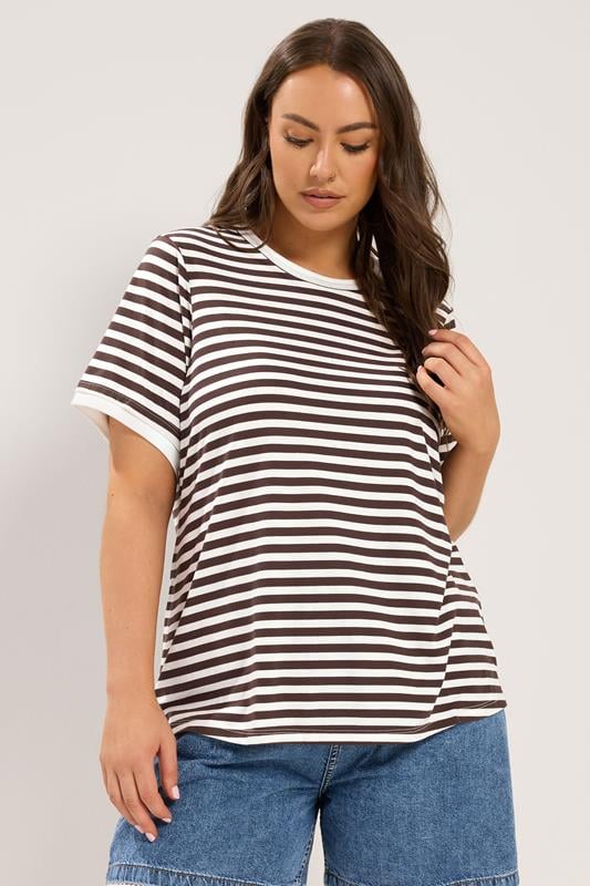 YOURS Plus Size Chocolate Brown Stripe Ringer T-Shirt | Yours Clothing 1