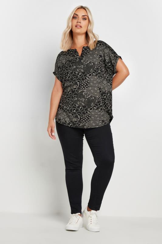 YOURS Plus Size Black Paisley Print Notch Neck Top | Yours Clothing 2