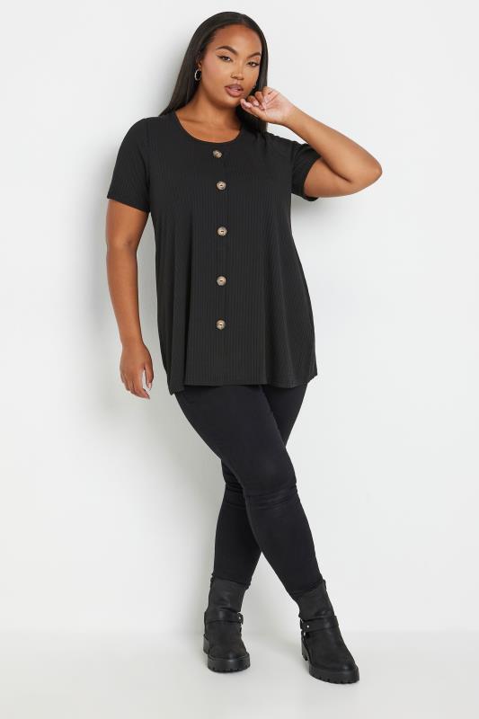 YOURS Plus Size Black Button Front Ribbed Swing Top | Yours Clothing 2