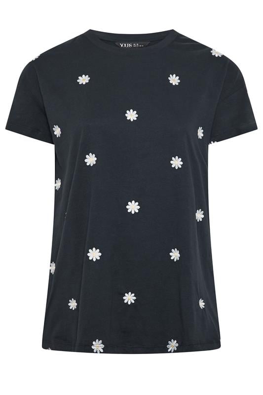YOURS Plus Size Navy Blue Embroidered Daisy T-Shirt | Yours Clothing 5
