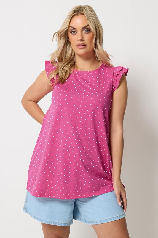  YOURS Curve Pink Polka Dot Frill Sleeve Vest Top