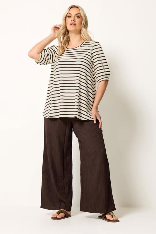 YOURS Plus Size White & Brown Stripe Knitted Puff Sleeve Top | Yours Clothing 1