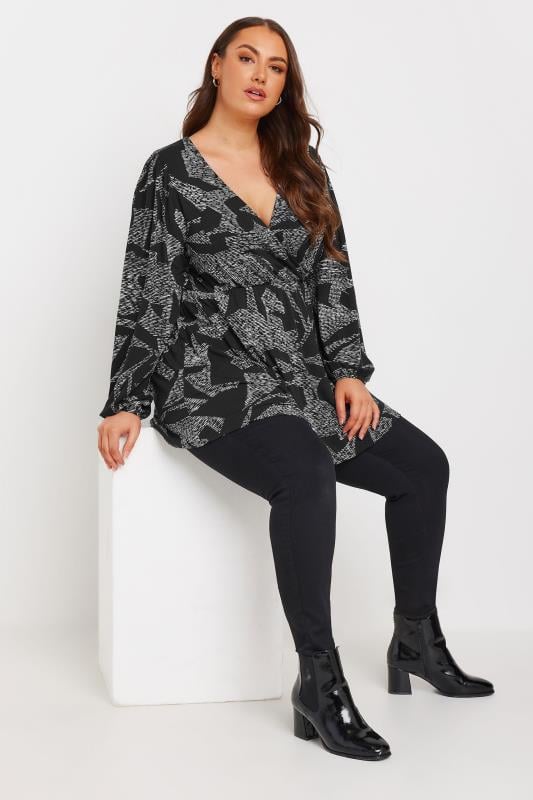 YOURS Plus Size Black Abstract Print Wrap Top | Yours Clothing 2