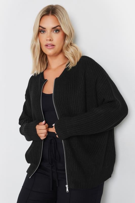 YOURS Plus Size Black Knitted Bomber Cardigan | Yours Clothing  2