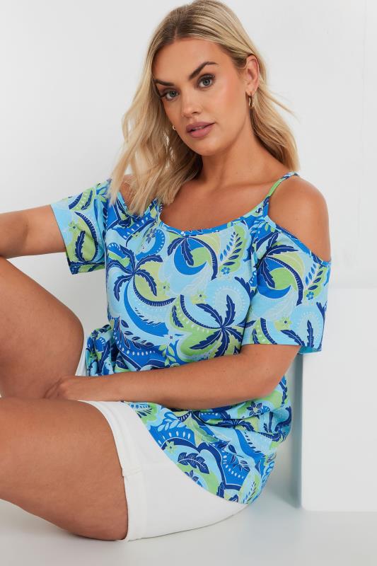 YOURS Plus Size Blue Palm Tropical Print Cold Shoulder Top | Yours Clothing 2