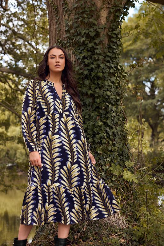 Plus Size  EVANS Curve Midnight Blue Leaf Print Tiered Maxi Dress