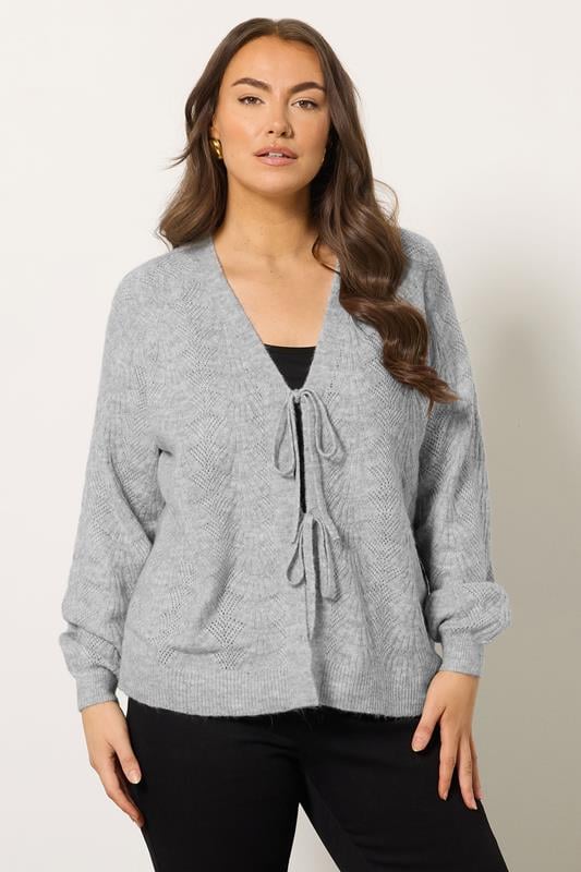 Plus Size  EVANS Curve Grey Bow Tie Front Knit Cardigan