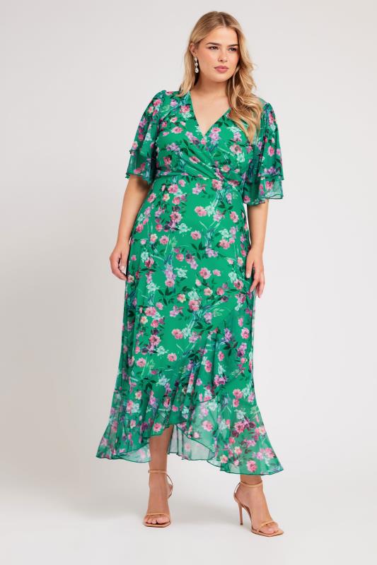 Plus Size  YOURS LONDON Curve Green Floral Print Wrap Maxi Dress