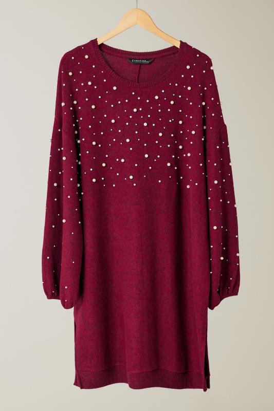 EVANS Plus Size Burgundy Red Pearl Embellished Soft Touch Jumper Dress | Evans 5