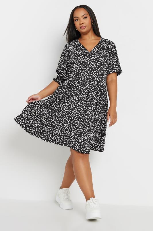 LIMITED COLLECTION Plus Size Black Ditsy Floral Print Mini Dress | Yours Clothing 1