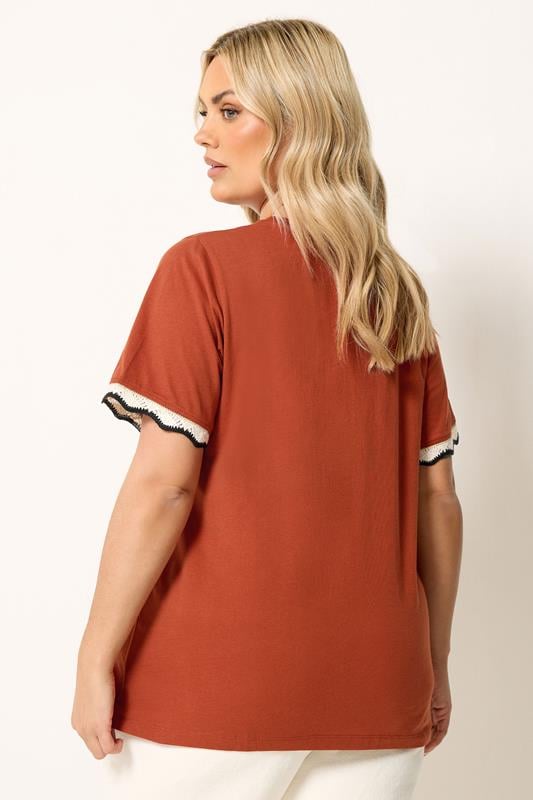 YOURS Plus Size Burnt Orange Metallic Crochet Trim T-Shirt | Yours Clothing 2