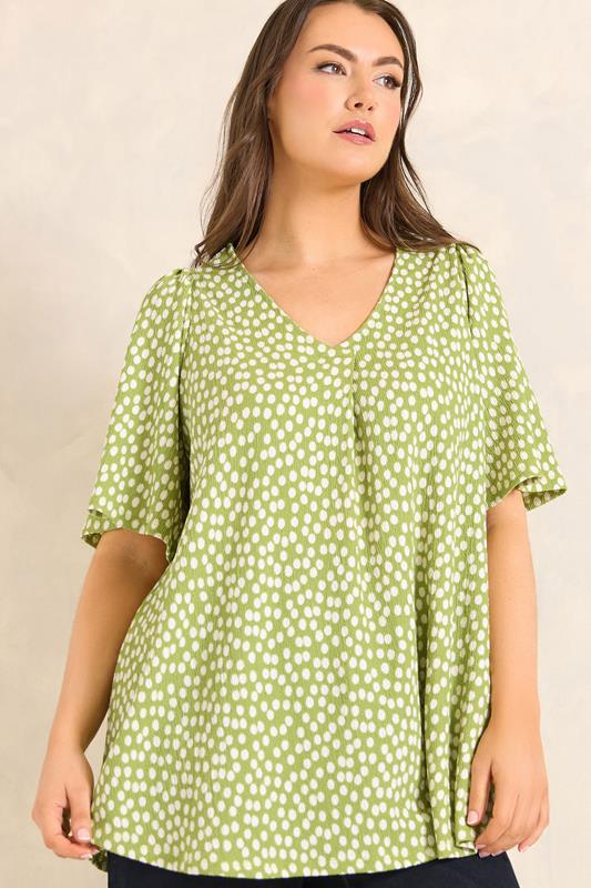 Plus Size  EVANS Curve Green Polka Dot Pleat Front Top
