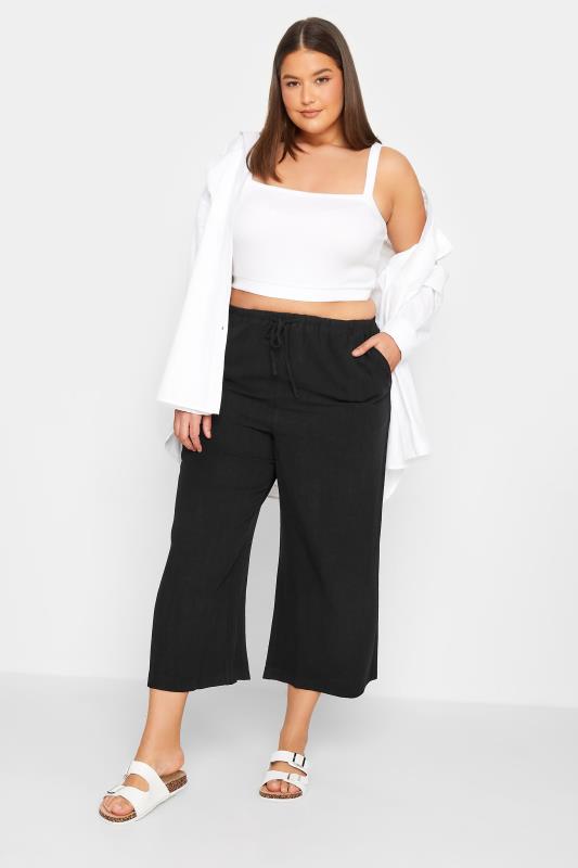 LTS Tall Black Wide Leg Cropped Linen Look Trousers 2