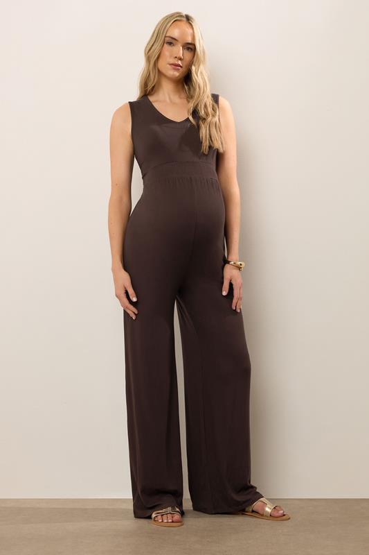 LTS Tall Women's Maternity Brown Shirred Wide Leg Jumpsuit | Long Tall Sally 3