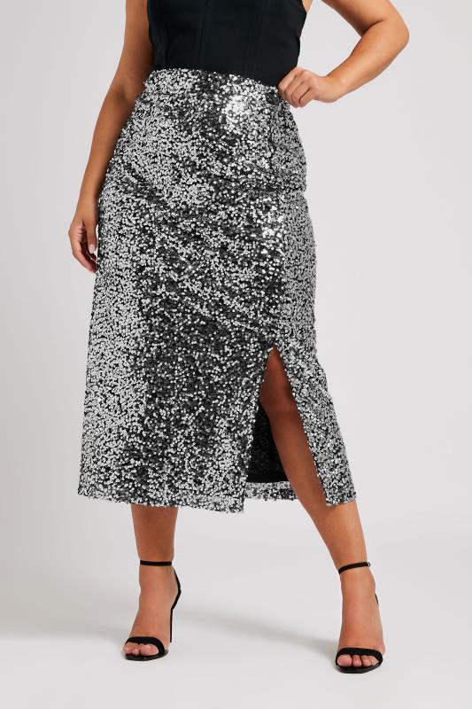 YOURS LONDON Plus Size Silver Sequin Embellished Maxi Skirt | Yours Clothing  2