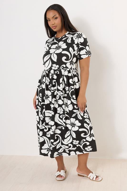 YOURS Plus Size Black & White Abstract Floral Print Smock Dress | Yours Clothing 2
