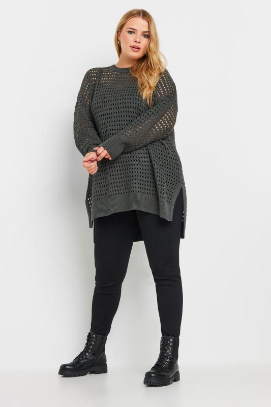 YOURS Plus Size Slate Grey Side Split Crochet Jumper | Yours Clothing 2