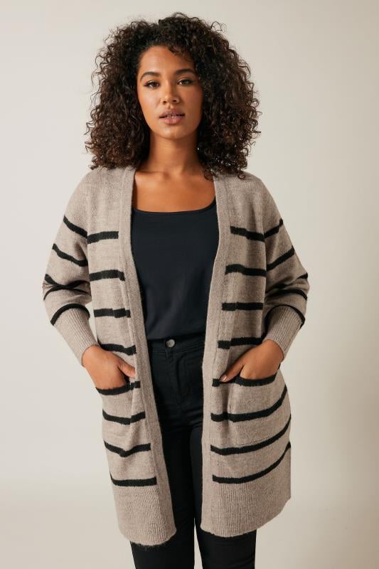 Plus Size  EVANS Curve Beige Brown Stripe Knitted Cardigan