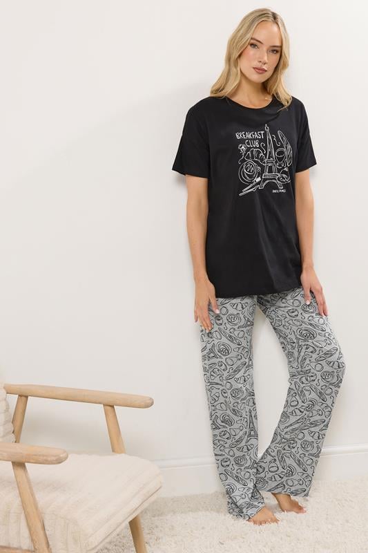LTS Tall Black 'Breakfast Club' Cotton Wide Leg Pyjama Set