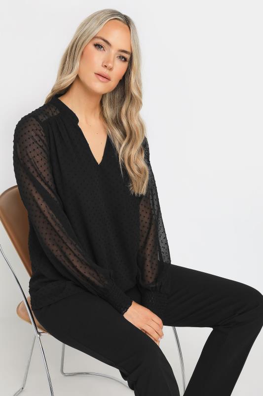 LTS Tall Black Dobby Spot Long Sleeve Blouse | Long Tall Sally 1