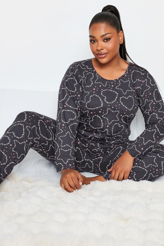 YOURS Plus Size Grey Heart & Star Print Tapered Pyjama Set | Yours Clothing 2