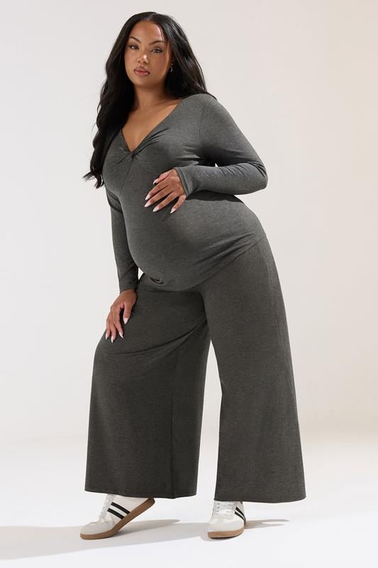 BUMP IT UP MATERNITY Plus Size Charcoal Grey Extra Wide Leg Trousers | Yours Clothing 2
