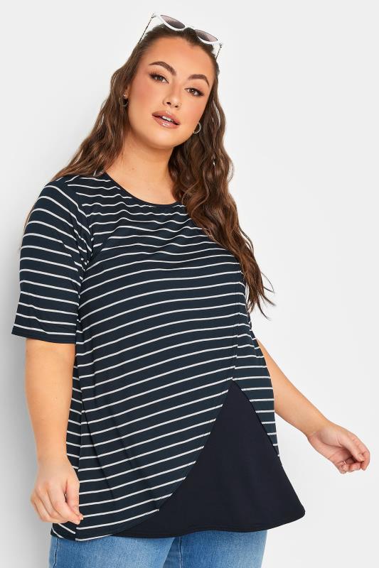 BUMP IT UP MATERNITY Curve Plus Size Navy Blue Stripe Nursing Top | YOURS CLOTHING  1