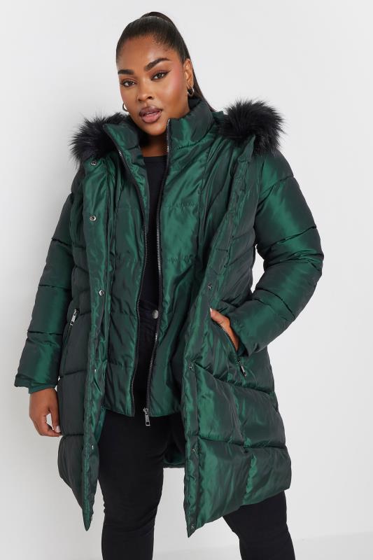 YOURS Plus Size Forest Green Faux Fur Trim Puffer Coat | Yours Clothing 2