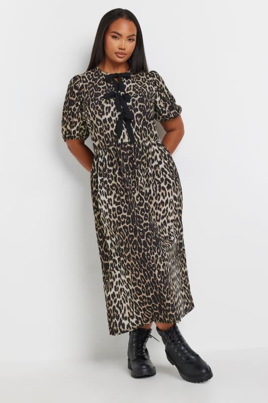 LIMITED COLLECTION Plus Size Natural Brown Leopard Print Bow Dress | Yours Clothing  1