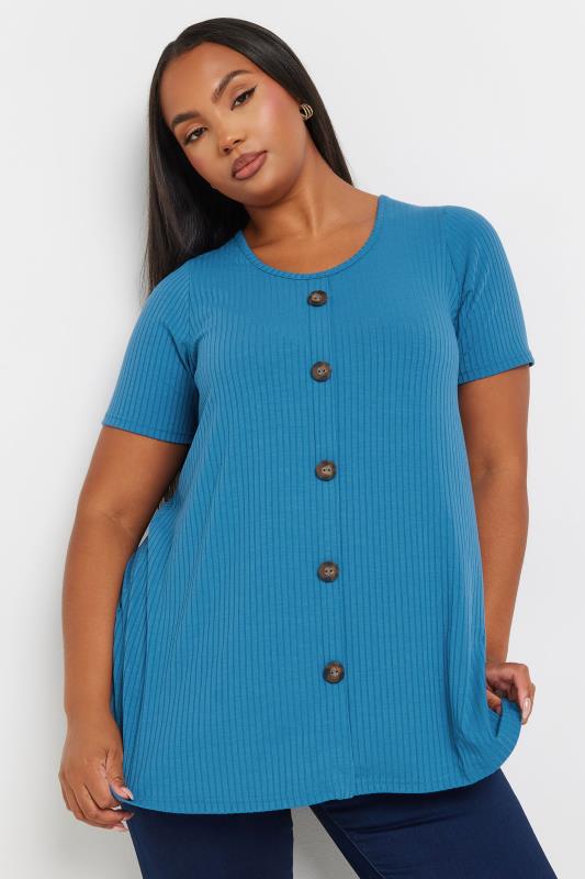 Plus Size  YOURS Curve Blue Button Front Ribbed Swing Top