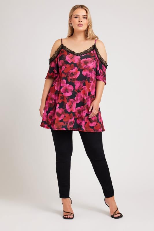 YOURS LONDON Plus Size Pink Floral Print Lace Cold Shoulder Top | Yours Clothing 3