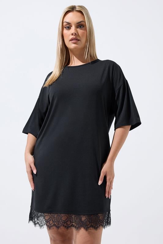 LIMITED COLLECTION Plus Size Black Lace Trim Mini Dress | Yours Clothing 1