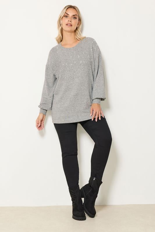 YOURS Plus Size Light Grey Diamante Embellished Jumper | Yours Clothing 1