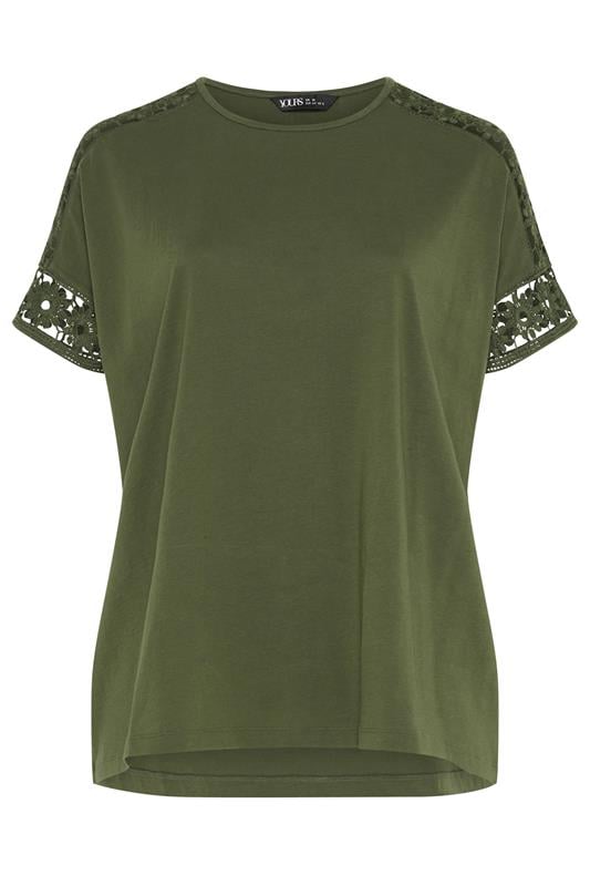 YOURS Curve Khaki Green Crochet Sleeve Boxy T-Shirt | Yours Clothing 5