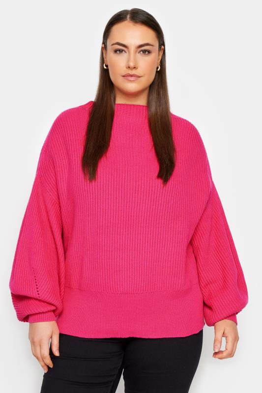 Plus Size  Evans Bright Pink Balloon Sleeve Knitted Jumper