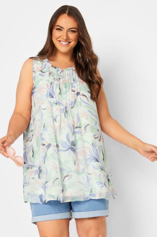 YOURS Curve Light Green Floral Pintuck Sleeveless Blouse | Yours Clothing  1