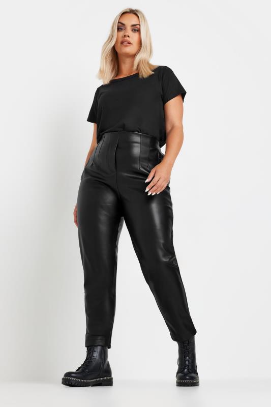 YOURS Plus Size Black Coated Darted Waist Tapered Trousers | Yours Clothing 2