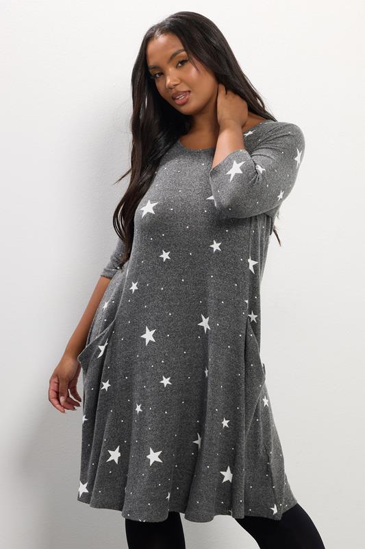 YOURS Curve Grey Star Soft Touch Pocket Dress