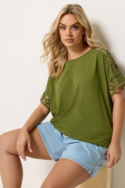 YOURS Curve Olive Green Crochet Sleeve T-Shirt