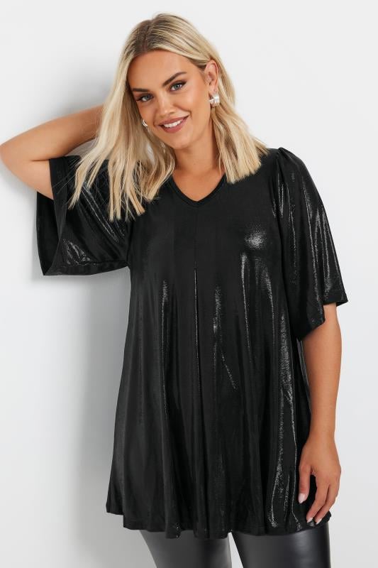 YOURS Plus Size Black Foil Pleated Swing Top | Yours Clothing 1