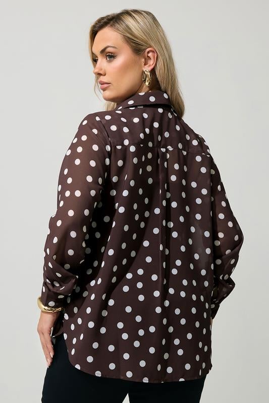 YOURS LONDON Plus Size Chocolate Brown Polka Dot Shirt | Yours Clothing 2