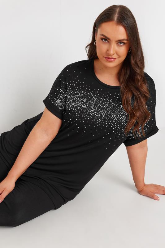 YOURS Plus Size Black Diamante Detail T-Shirt | Yours Clothing 1