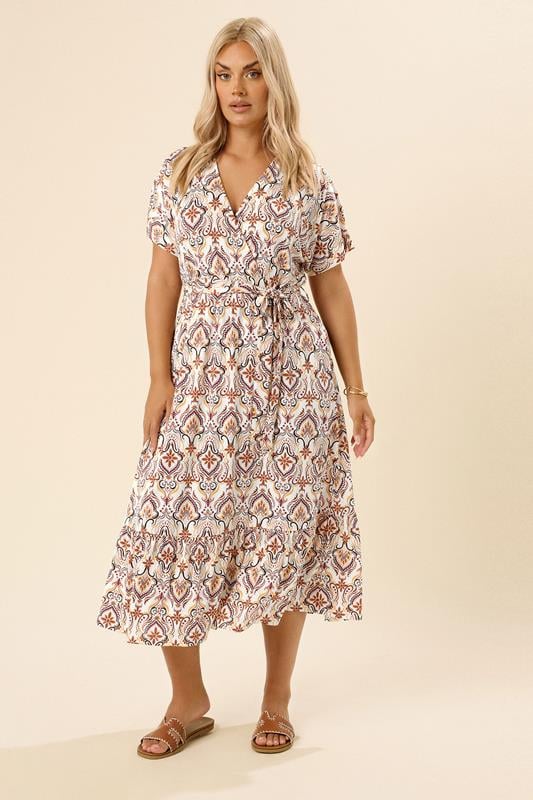 Plus Size  YOURS Curve White Paisley Print Midaxi Wrap Dress